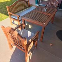 set tavolo in legno, panca e sedie da esterno