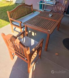 set tavolo in legno, panca e sedie da esterno