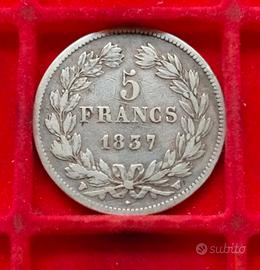 Francia moneta argento '900 5 Franchi 1837 W.