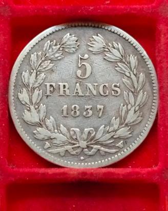 Francia moneta argento '900 5 Franchi 1837 W.