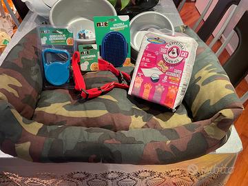 cuccia per cane in tessuto mimetico e acessori