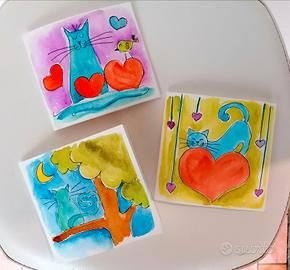 3 biglietti d'auguri Dipinti a mano tema gatti 