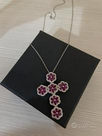 Collana croce in argento 925 con zirconi rosa