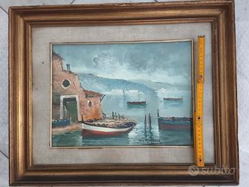 Quadro Olio su Tavola "Marina con Borgo e Barche"