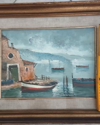 Quadro Olio su Tavola "Marina con Borgo e Barche"