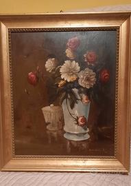 dipinto olio su tavola vaso di fiori con cornice
