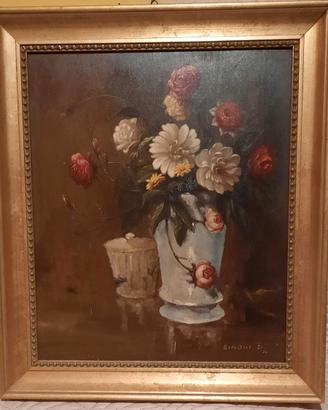 dipinto olio su tavola vaso di fiori con cornice
