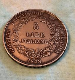 Moneta Argento 5 Lire 1848 Milano (Rara)
