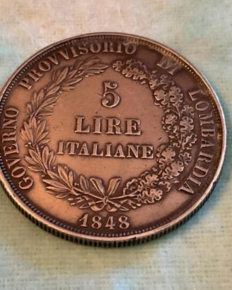 Moneta Argento 5 Lire 1848 Milano (Rara)