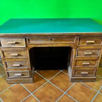 Scrivania vintage legno con 9 cassetti piano verde