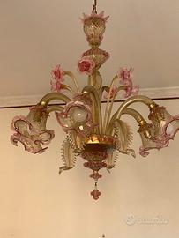 lampadario in vetro murano colore rosa 