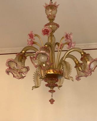 lampadario in vetro murano colore rosa 