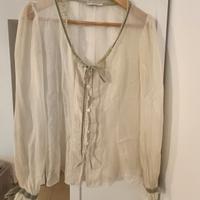 camicia donna in seta color ecrù e verde salvia