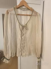 completo donna in seta color ecrù e verde salvia