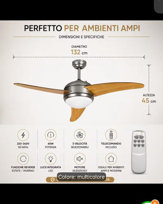 BAKAJI Ventilatore Lampadario da Soffitto 3 Pale i