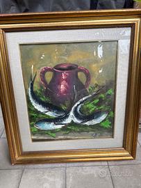 quadro a olio su tela di natura morta con pesci