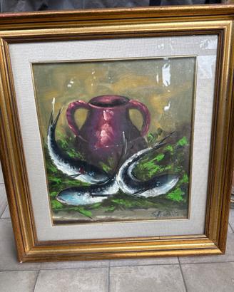 quadro a olio su tela di natura morta con pesci