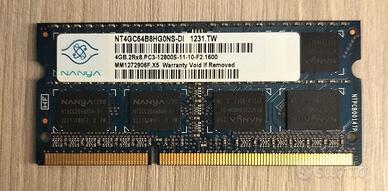 RAM Nanya 4GB 4096 MB DDR3-1600 PER NOTEBOOK PC