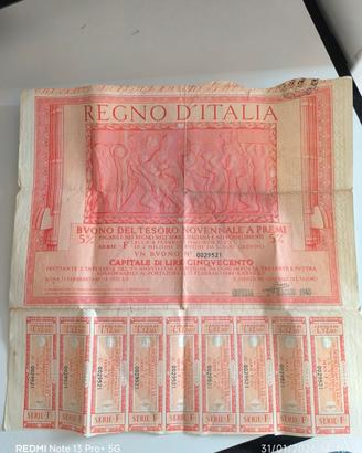 Buono del tesoro Novennale a premi 5% 1940
