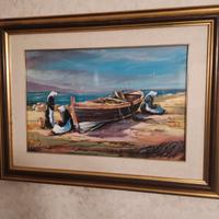 Quadro paesaggio marino con barca sulla spiaggia