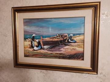 Quadro paesaggio marino con barca sulla spiaggia