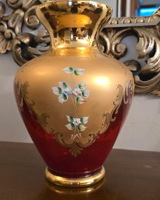 Vaso Murano Rosso Rubino Oro Dipinto a Mano