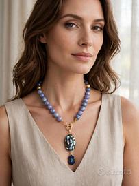 Collana: calcite blu, lapislazzuli, larimar, lava