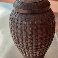 Vaso contenitore con coperchio intreccio in vimini