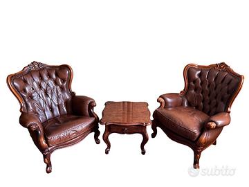 Poltrone vera pelle e tavolino vintage barocco