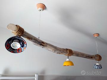 Lampadario legno naturale e ceramica fatto a mano