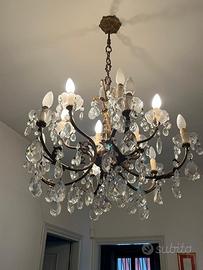 Lampadario Vintage in Cristallo e Ottone