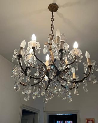 Lampadario Vintage in Cristallo e Ottone