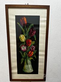 Quadro Vintage ricamo a punto croce con tulipani