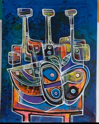 Arte contemporanea: Manazana y vino. Acrilico 