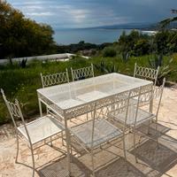 Tavolo in ferro da esterno anni 50, 6 sedie, 2 tav