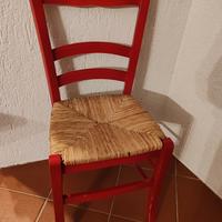 4 sedie rosse in legno con seduta in paglia