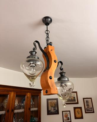 Lampadario legno e vetro soffiato