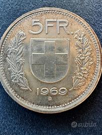 Moneta 5 franchi avizzeri 1969 argento 836