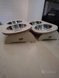alzatina legno con ciotole acciaio inox cane gatto