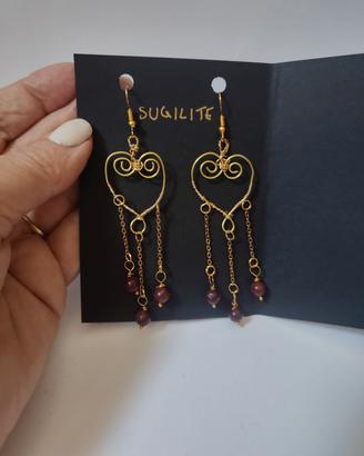 orecchini cuore ottone sugilite pendenti
