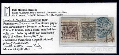 LOMBARDO VENETO RARA AFFRANCATURA BICOLORE 10 + 30