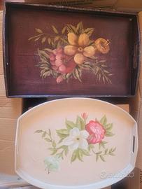 Set 2 Vassoi in Legno Decorati a Mano Vintage