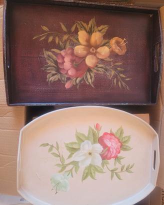 Set 2 Vassoi in Legno Decorati a Mano Vintage