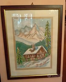 baita innevata acquerello dipinto a mano 30x40