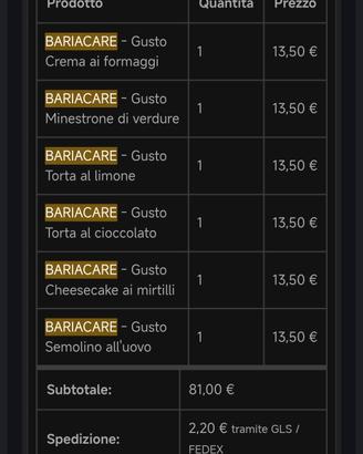 Alimenti bariatrici Bariacare Provisioneat
