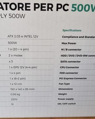 Alimentatore per pc 500W