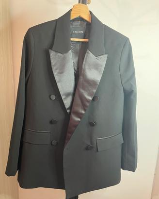 Blazer nero doppiopetto con rever in raso