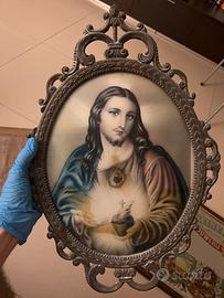 Antico quadro sacro cuore di gesu cornice in ferro