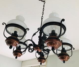 LAMPADARIO GRANDE VINTAGE in RAME e OPALINA