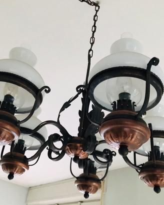 LAMPADARIO GRANDE VINTAGE in RAME e OPALINA